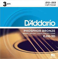 Acoustic Guitar Strings Phosphor Bronze EJ16 3 Pack of EJ16-3D Light 12-53